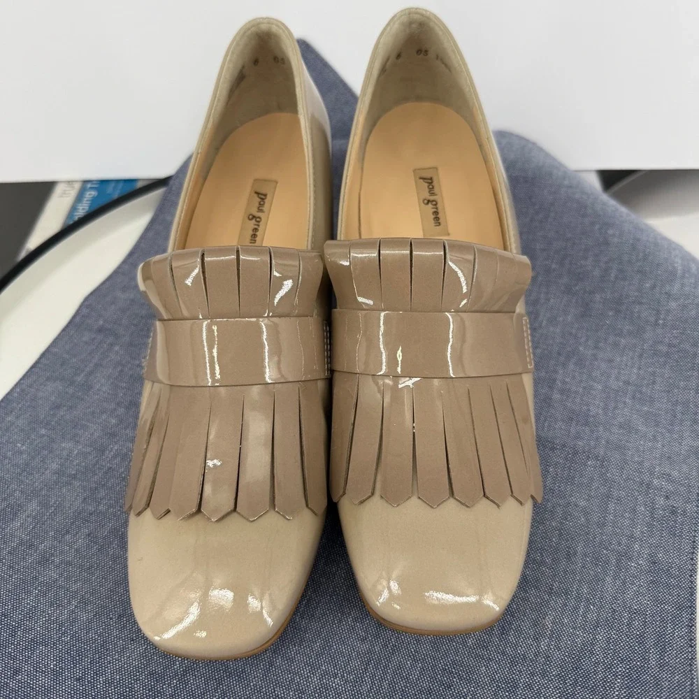 Paul Green Kiltie Loafer Fringe Pumps 8 Beige Patent Leather Square Toe